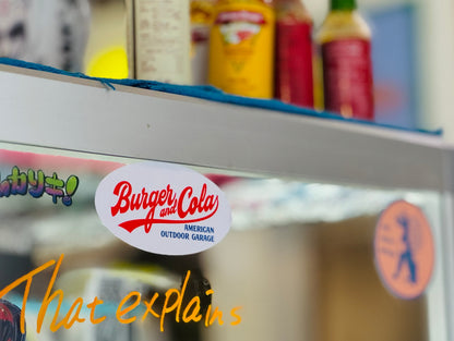 BURGER&COLA B&C OVAL STICKER（ステッカー）店舗什器に貼った使用例