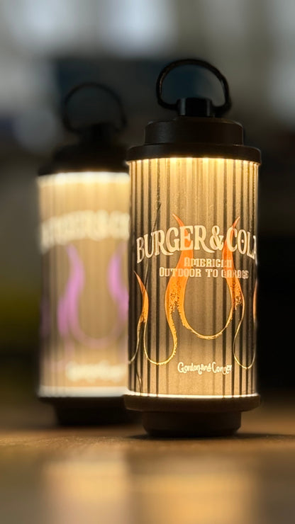 BURGER&COLA 38kt Fire sticker（38灯用ステッカー）ランタンに巻いた使用例（2個並び）